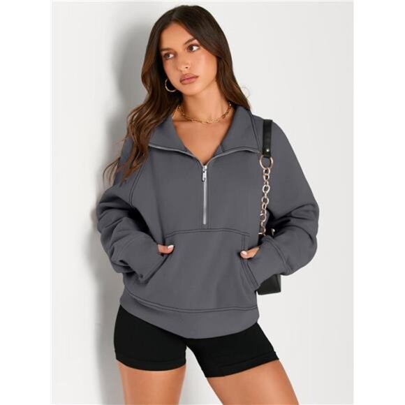 Women's Half-Zip Cropped Fleece Hoodie with Thumb Holes – Fall Pullover - Picture 3 of 7